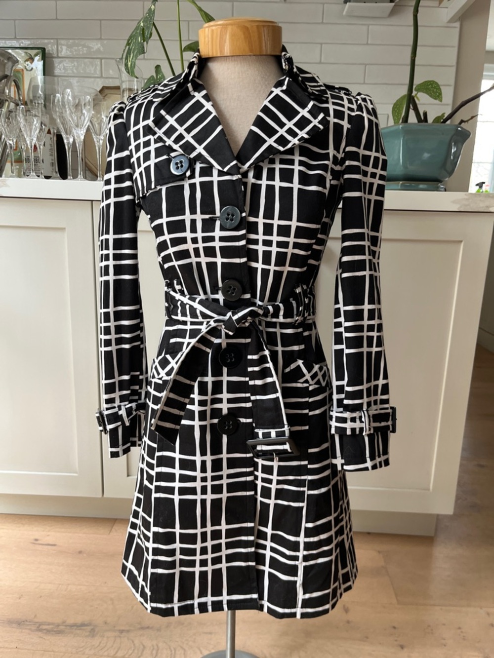 Powder Room cotton blend lined Black & White Grid Trench Coat with Belt